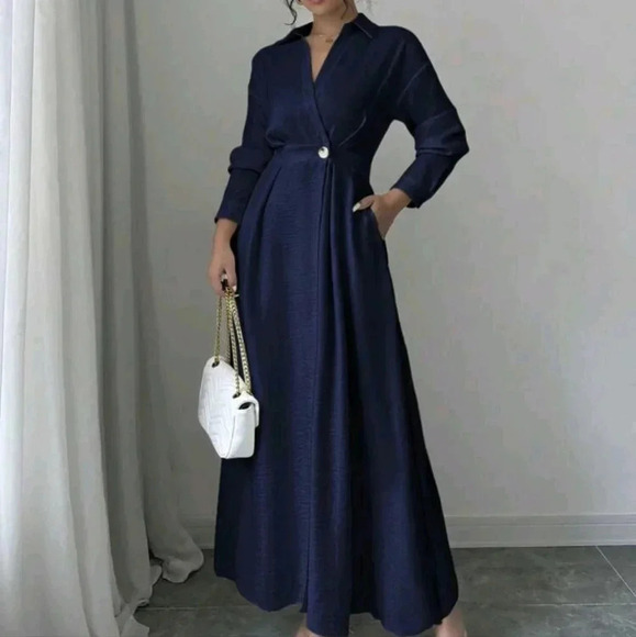 Wrap Waist A-Line Elegant Long Sleeve Dress - Picture 4 of 6